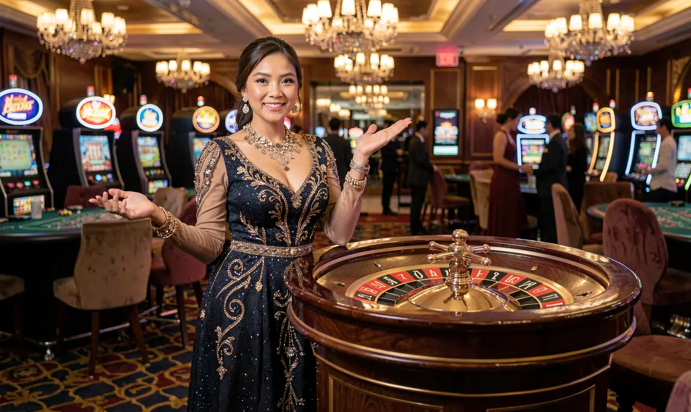 RKGG Bonus – Unlock exclusive rewards and elevate your live casino experience in Indonesia Charming live casino hostess beside an elegant roulette table with vibrant lights symbolizing premium entertainment and bonus rewards at RKGG Indonesia