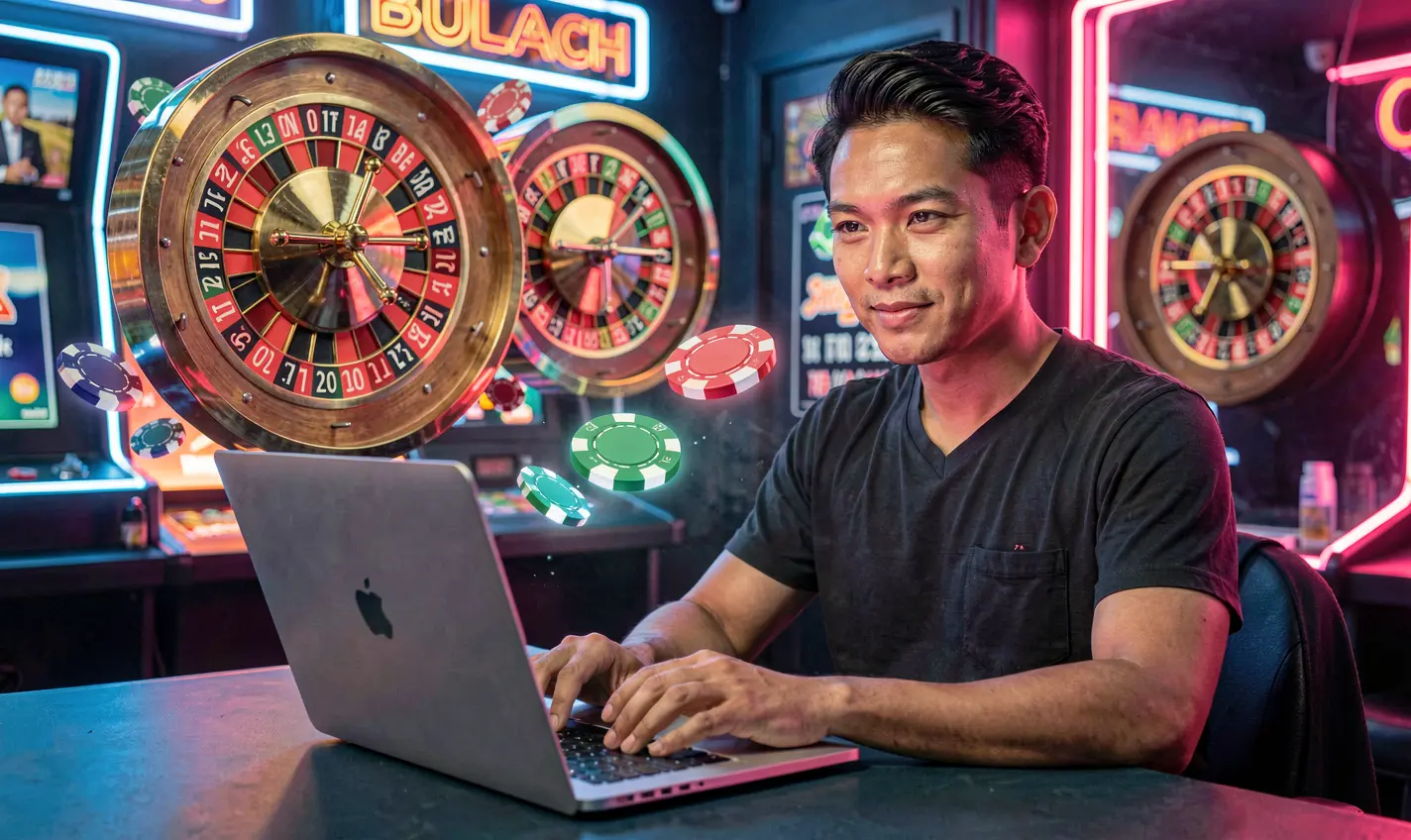 RKGG Games – Enjoy smooth and engaging casino gameplay anytime in Indonesia Focused Indonesian player enjoying real time casino games on a laptop with glowing digital chips representing the advanced RKGG gaming platform
