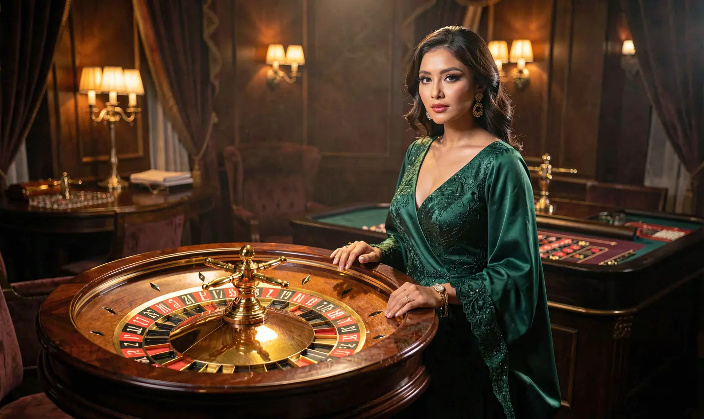 Dealer langsung wanita yang anggun dalam gaun merah mewah mempersembahkan meja roulette di suasana kasino glamor di RKGG untuk pemain di Indonesia RKGG – Rasakan permainan kasino langsung autentik yang dirancang untuk Indonesia