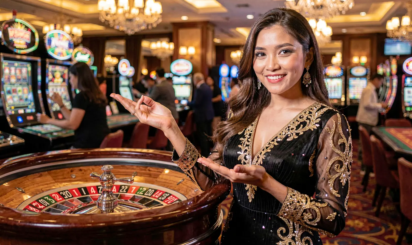 Hostes kasino yang anggun menyambut pemain dalam suasana permainan yang semarak dengan lampu roulette dan visual premium di RKGG Indonesia RKGG – Rasakan keanggunan roulette langsung dengan dealer sungguhan di Indonesia
