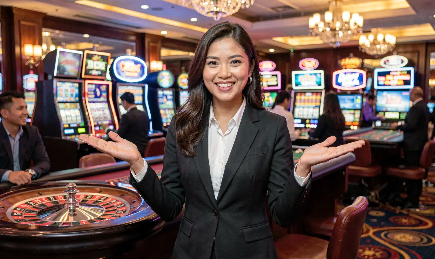 Wanita glamor dalam gaun berkilau berpose di depan roda roulette yang bercahaya dengan chip kasino beterbangan yang melambangkan aksi kasino langsung premium di RKGG untuk Indonesia RKGG – Masuki pengalaman kasino online premium untuk pemain Indonesia